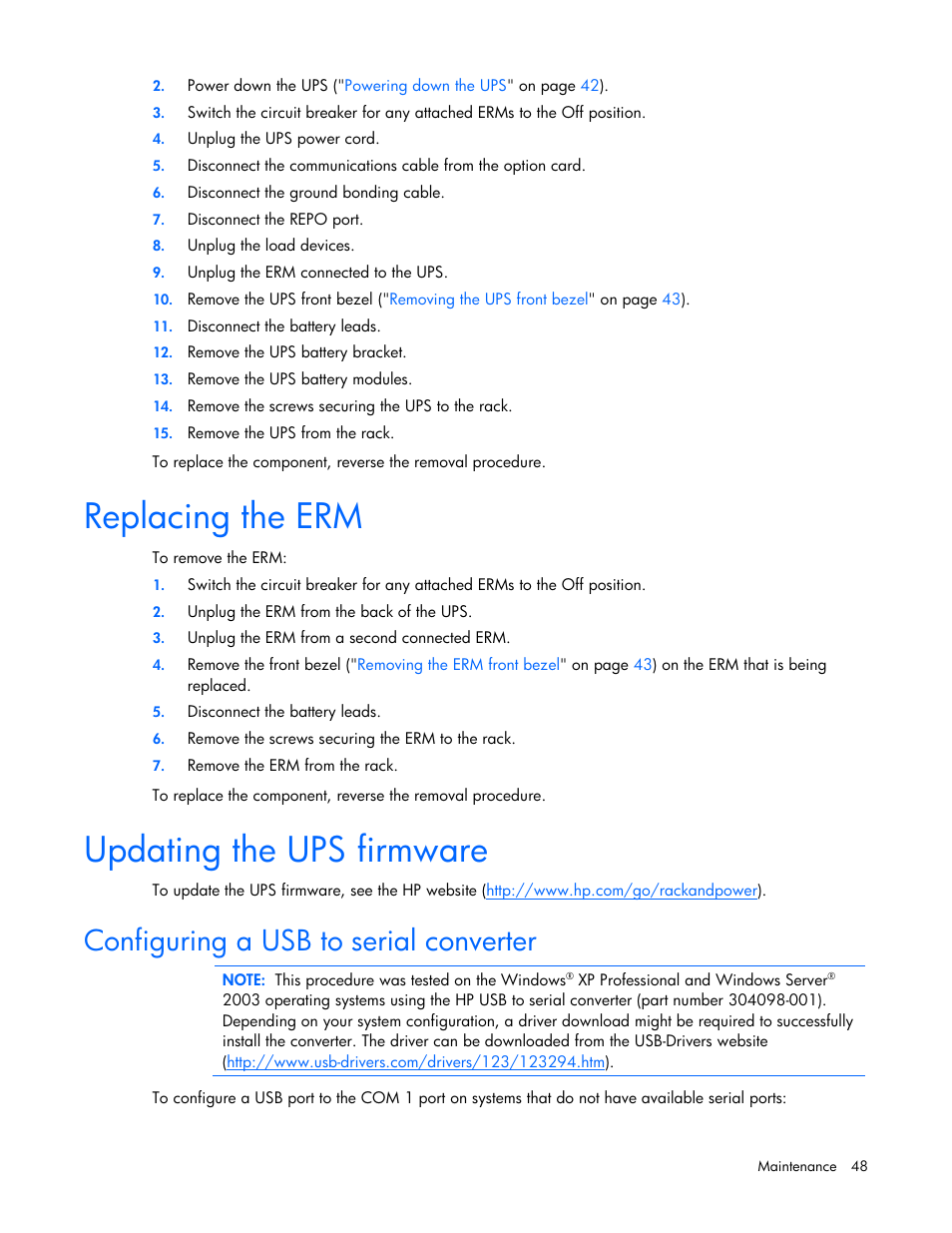 Replacing the erm, Updating the ups firmware, Configuring a usb to serial converter | Replacing the erm updating the ups firmware | HP Tower Uninterruptible Power System User Manual | Page 48 / 79