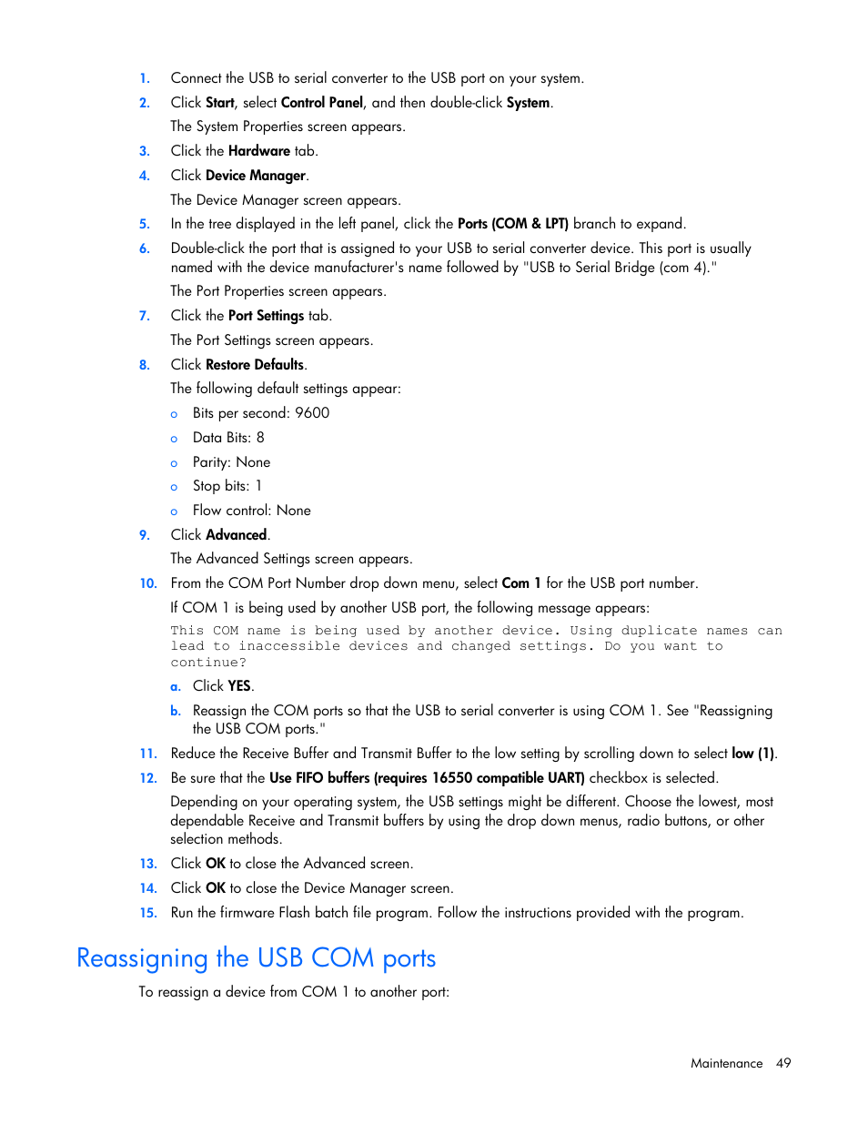 Reassigning the usb com ports | HP Tower Uninterruptible Power System User Manual | Page 49 / 79