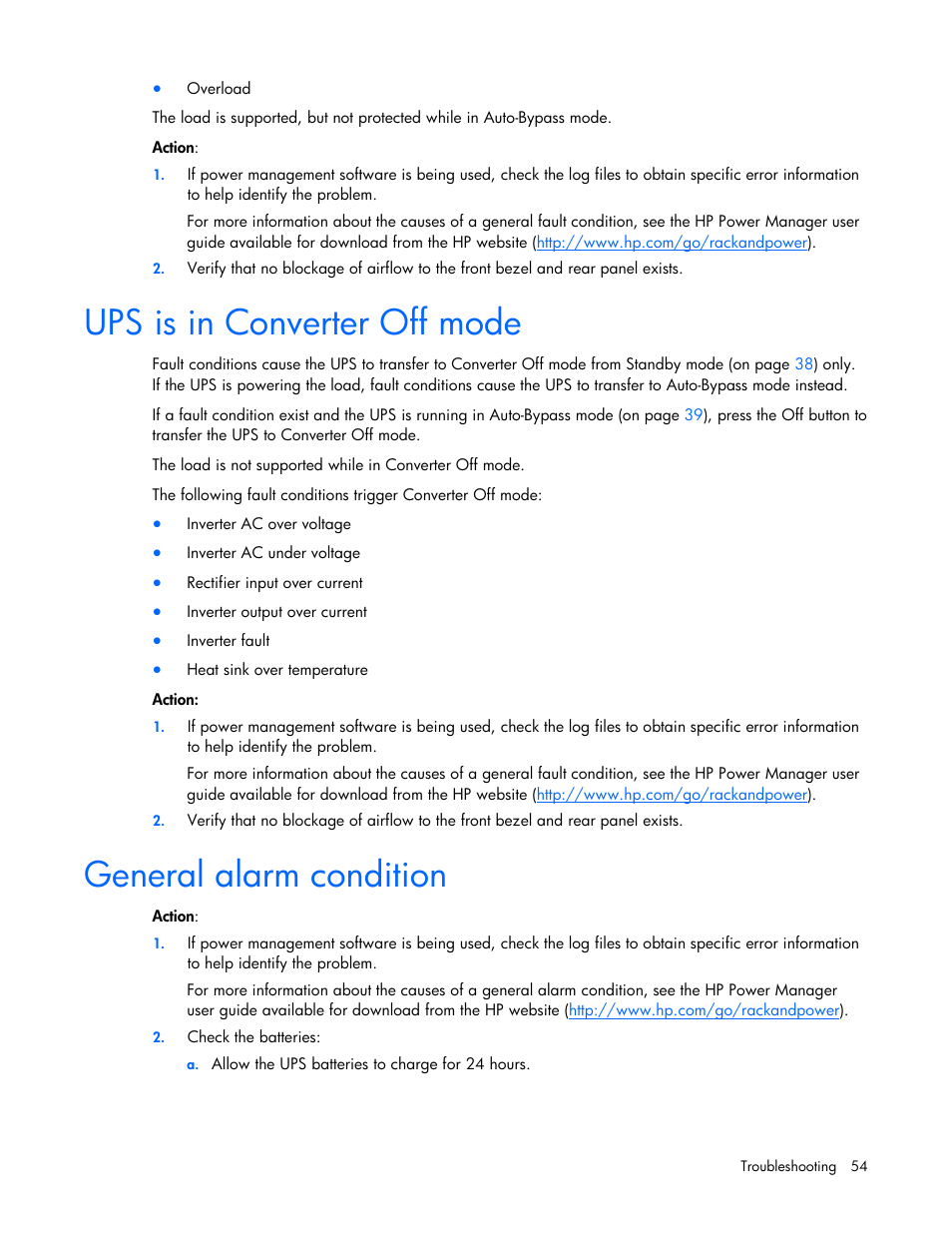 Ups is in converter off mode, General alarm condition, Ups is in converter | Off mode, Ups is in converter off, Mode | HP Tower Uninterruptible Power System User Manual | Page 54 / 79