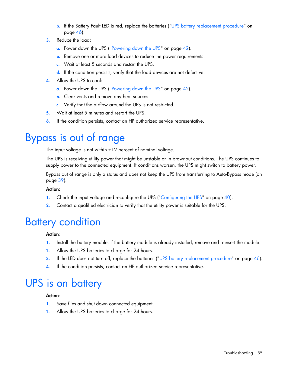 Bypass is out of range, Battery condition, Ups is on battery | HP Tower Uninterruptible Power System User Manual | Page 55 / 79