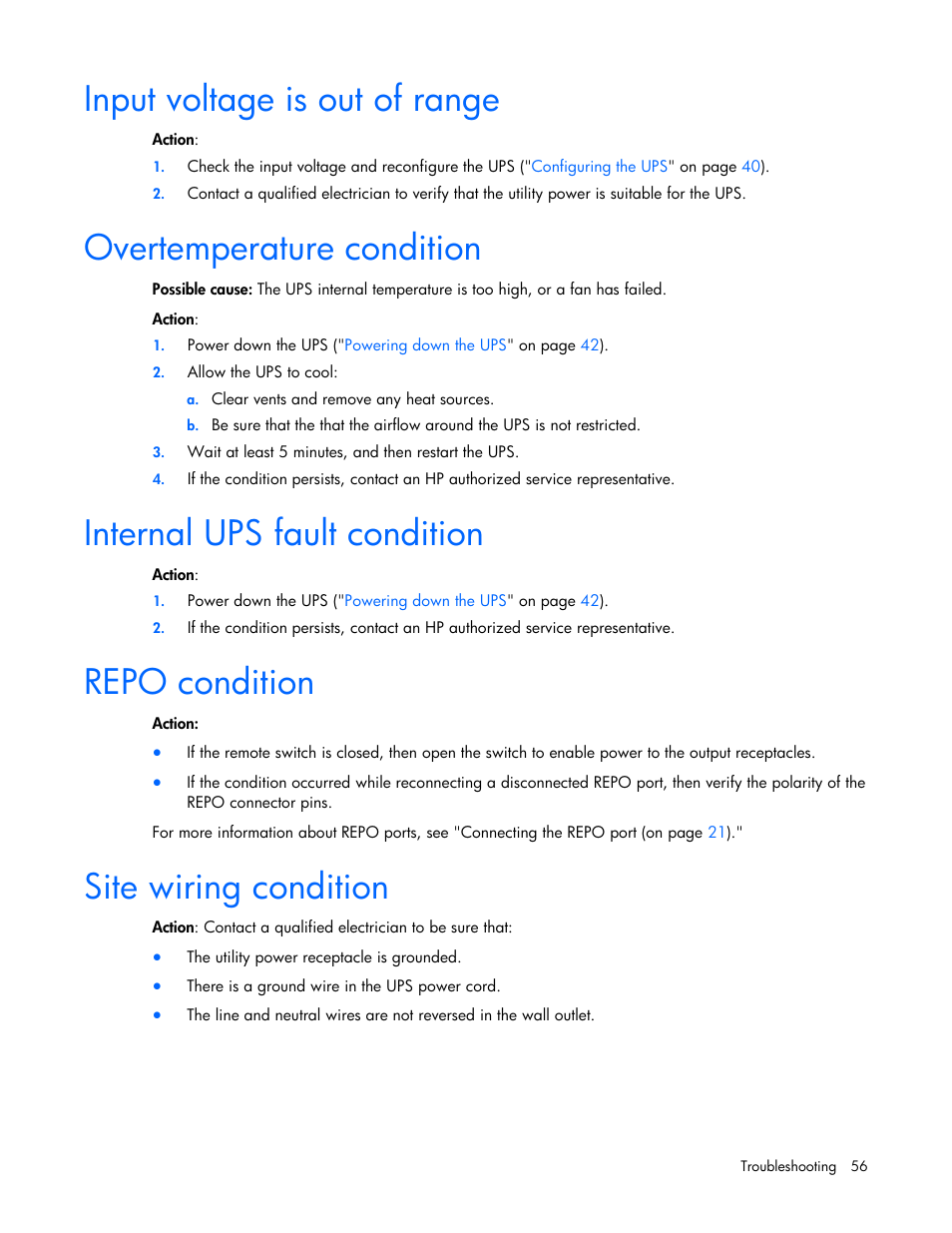 Input voltage is out of range, Overtemperature condition, Internal ups fault condition | Repo condition, Site wiring condition | HP Tower Uninterruptible Power System User Manual | Page 56 / 79