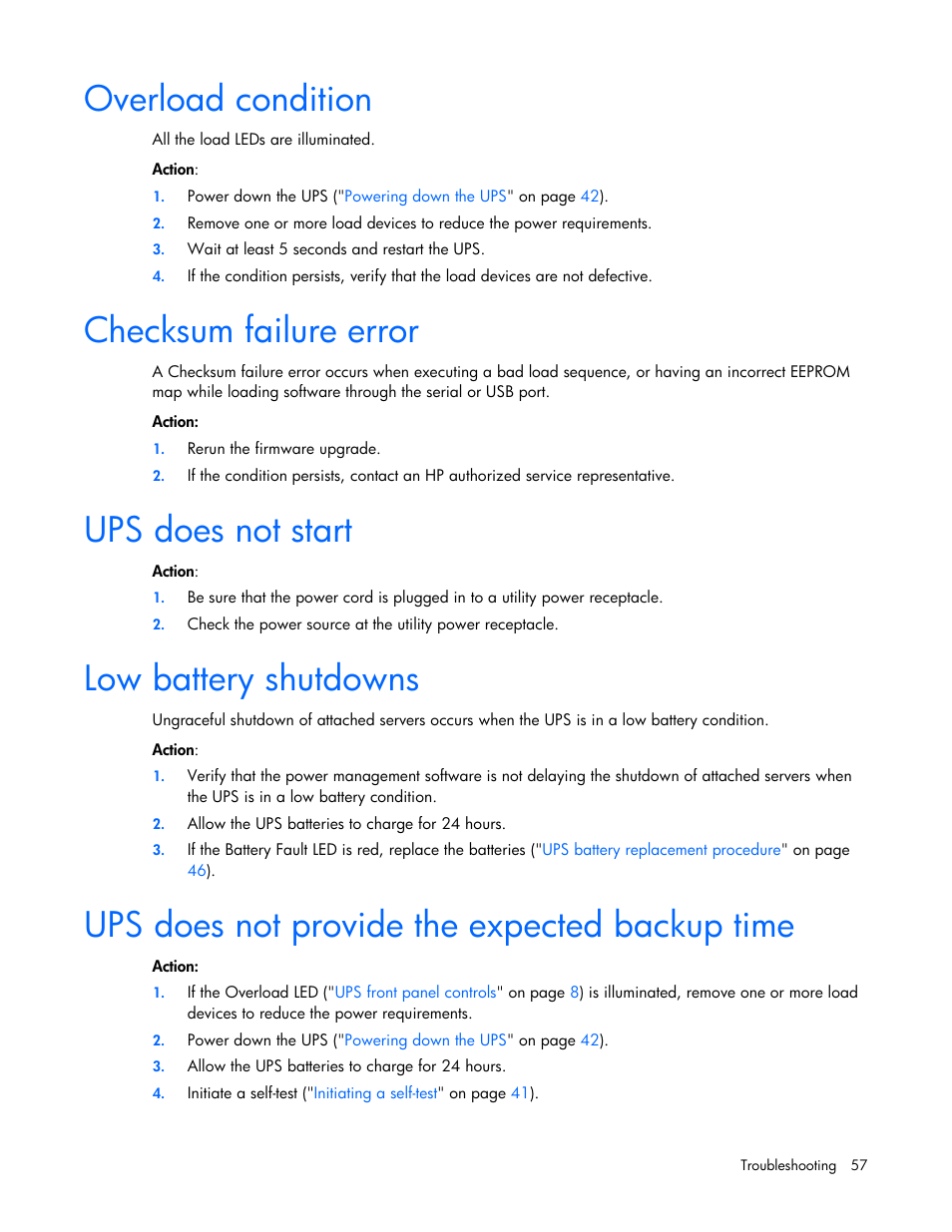 Overload condition, Checksum failure error, Ups does not start | Low battery shutdowns, Ups does not provide the expected backup time | HP Tower Uninterruptible Power System User Manual | Page 57 / 79