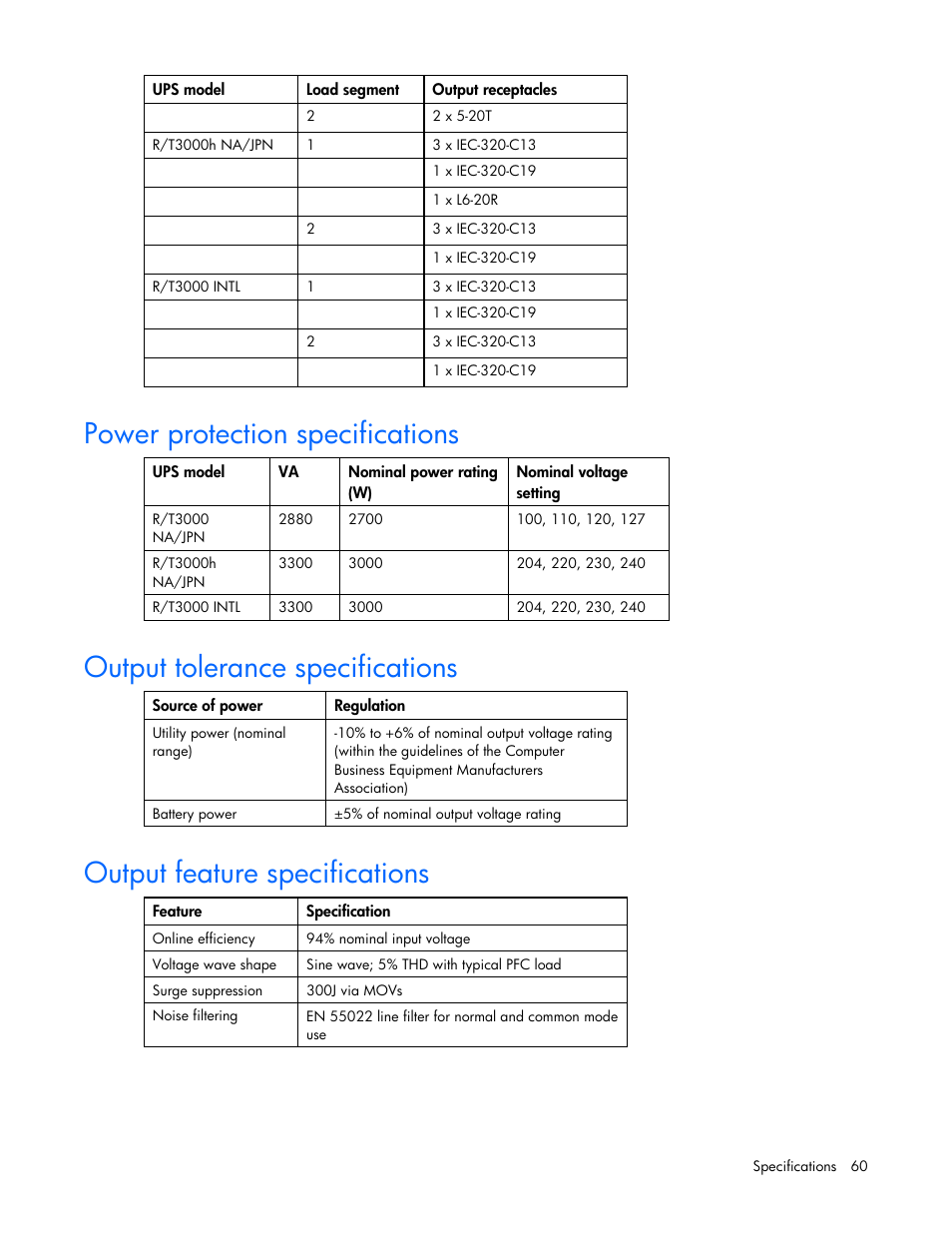 Power protection specifications, Output tolerance specifications, Output feature specifications | HP Tower Uninterruptible Power System User Manual | Page 60 / 79