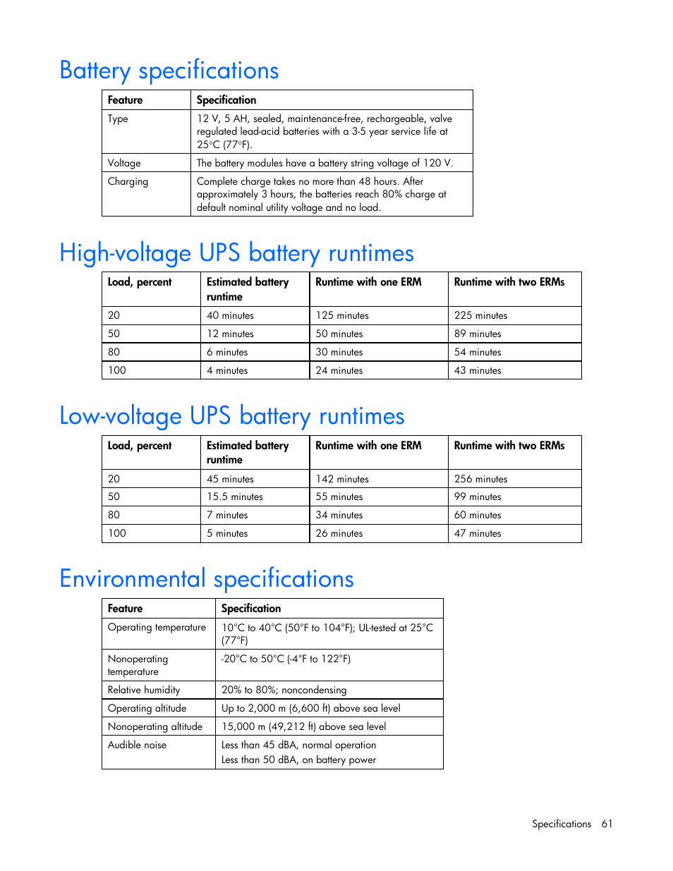 Battery specifications, High-voltage ups battery runtimes, Low-voltage ups battery runtimes | Environmental specifications | HP Tower Uninterruptible Power System User Manual | Page 61 / 79