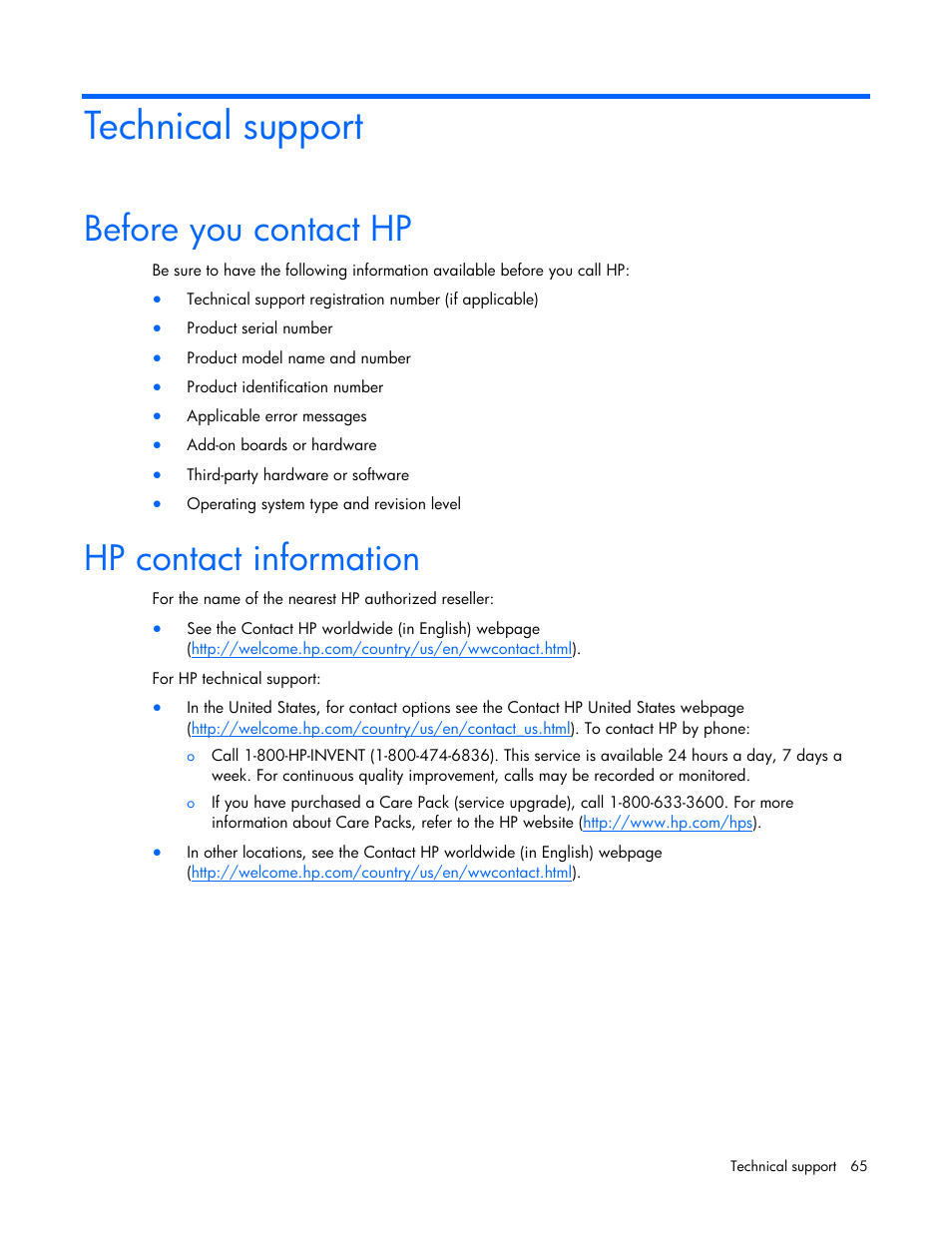 Technical support, Before you contact hp, Hp contact information | Before you contact hp hp contact information | HP Tower Uninterruptible Power System User Manual | Page 65 / 79
