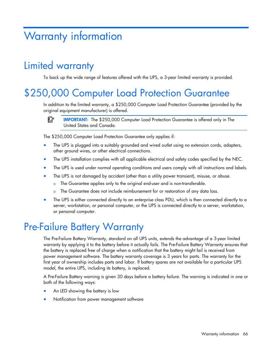 Warranty information, Limited warranty, 250,000 computer load protection guarantee | Pre-failure battery warranty | HP Tower Uninterruptible Power System User Manual | Page 66 / 79