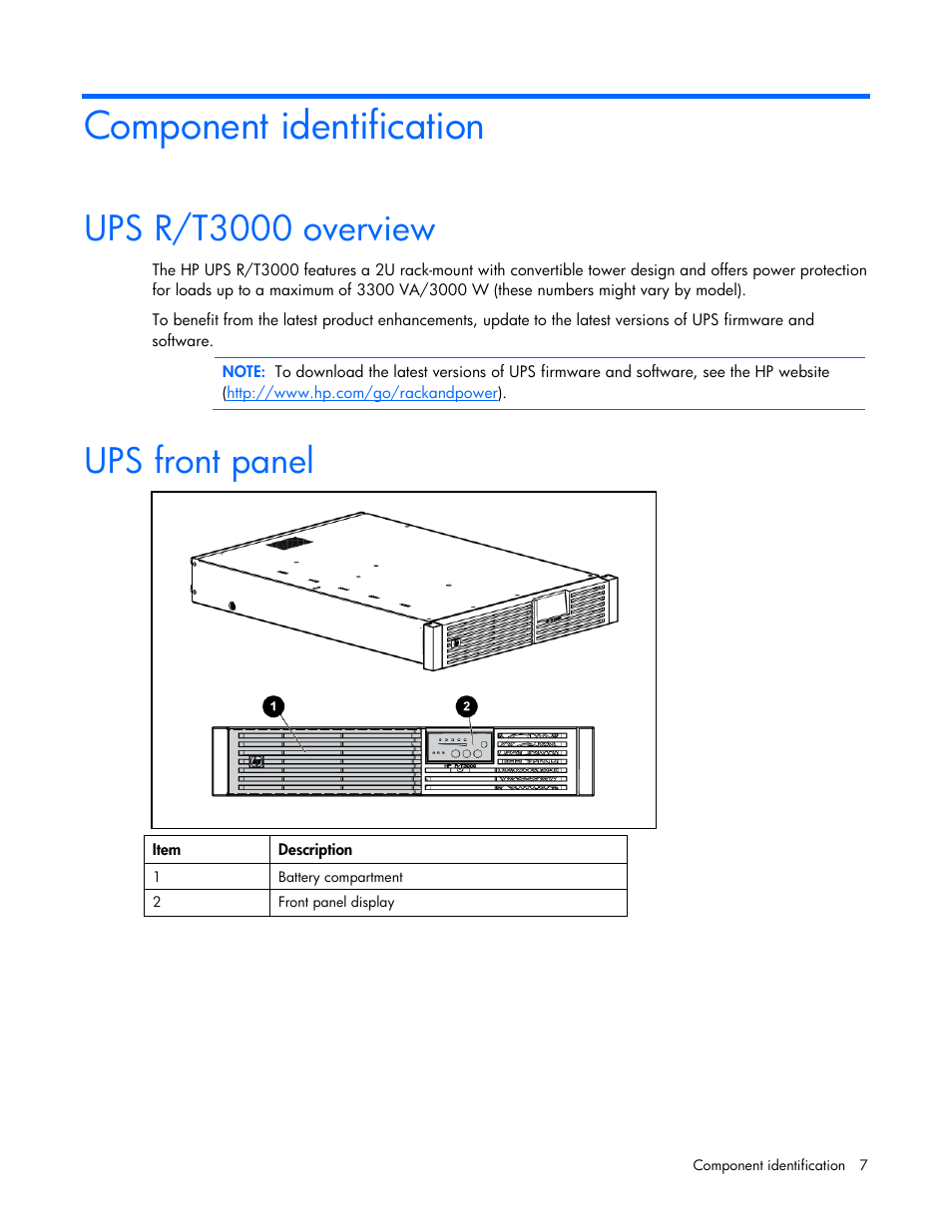 Component identification, Ups r/t3000 overview, Ups front panel | Ups r/t3000 overview ups front panel | HP Tower Uninterruptible Power System User Manual | Page 7 / 79