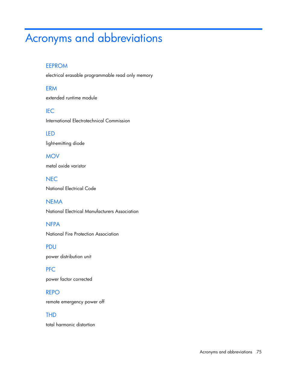 Acronyms and abbreviations | HP Tower Uninterruptible Power System User Manual | Page 75 / 79