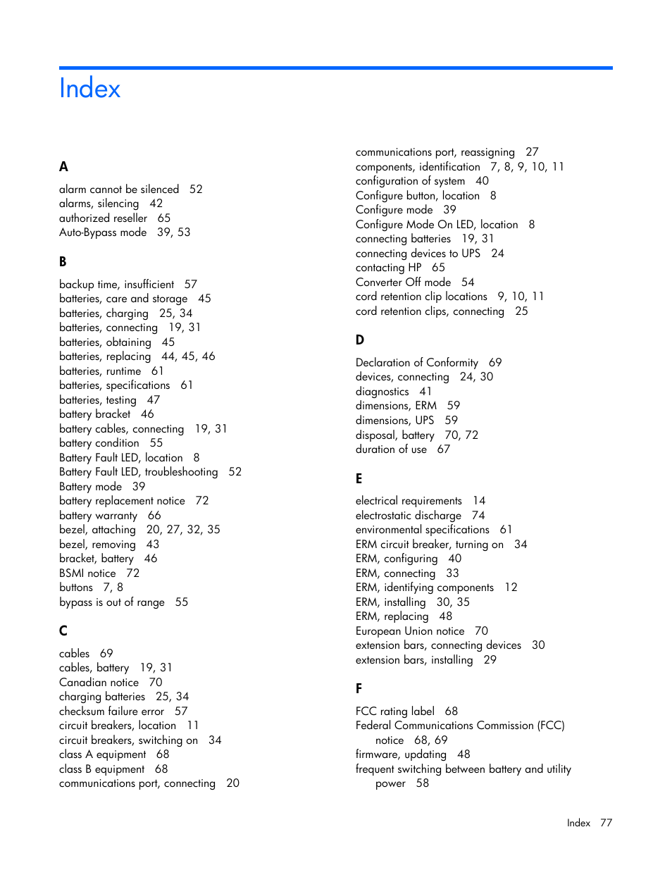 Index | HP Tower Uninterruptible Power System User Manual | Page 77 / 79