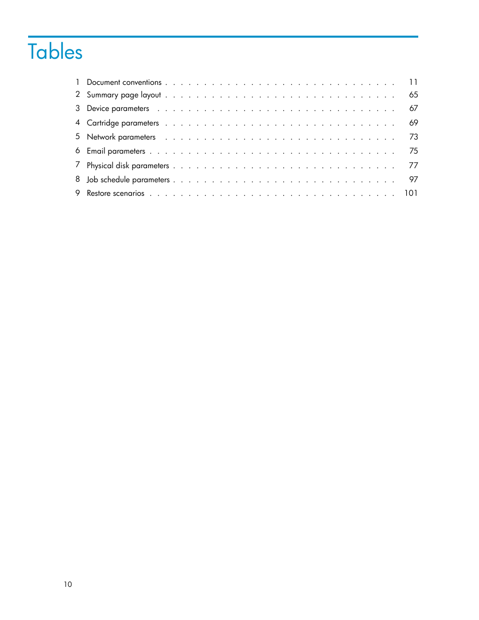 Tables | HP D2D100 Backup System User Manual | Page 10 / 126