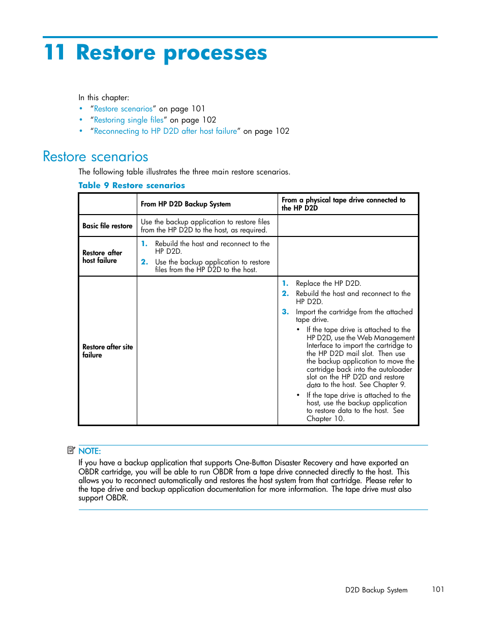 11 restore processes, Restore scenarios, 9 restore scenarios | HP D2D100 Backup System User Manual | Page 101 / 126