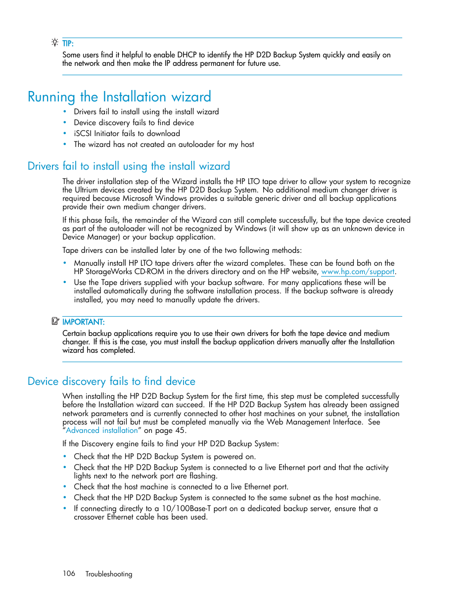 Running the installation wizard, Drivers fail to install using the install wizard, Device discovery fails to find device | HP D2D100 Backup System User Manual | Page 106 / 126