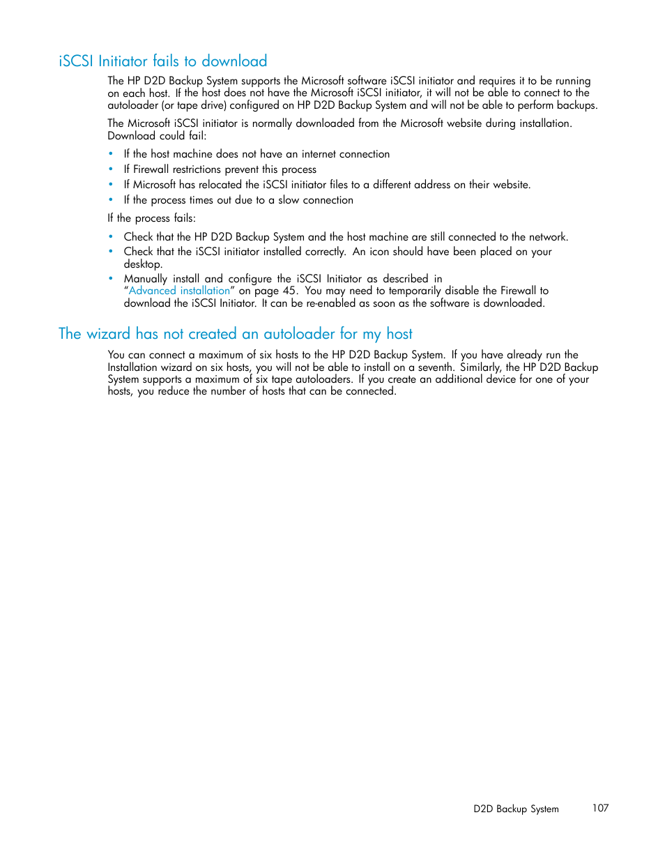 Iscsi initiator fails to download | HP D2D100 Backup System User Manual | Page 107 / 126