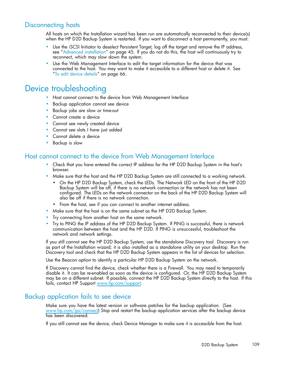 Disconnecting hosts, Device troubleshooting, Backup application fails to see device | HP D2D100 Backup System User Manual | Page 109 / 126