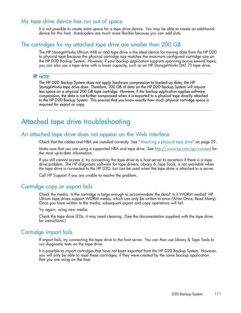 My tape drive device has run out of space, Attached tape drive troubleshooting, Cartridge copy or export fails | Cartridge import fails | HP D2D100 Backup System User Manual | Page 111 / 126