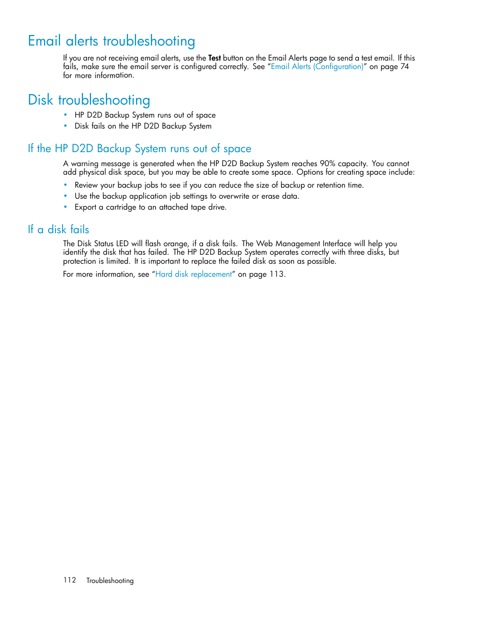 Email alerts troubleshooting, Disk troubleshooting, If the hp d2d backup system runs out of space | If a disk fails | HP D2D100 Backup System User Manual | Page 112 / 126