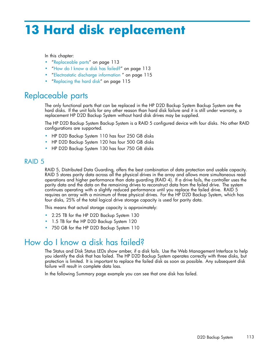 13 hard disk replacement, Replaceable parts, Raid 5 | How do i know a disk has failed, Hard disk replacement | HP D2D100 Backup System User Manual | Page 113 / 126