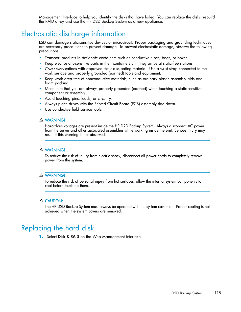 Electrostatic discharge information, Replacing the hard disk | HP D2D100 Backup System User Manual | Page 115 / 126