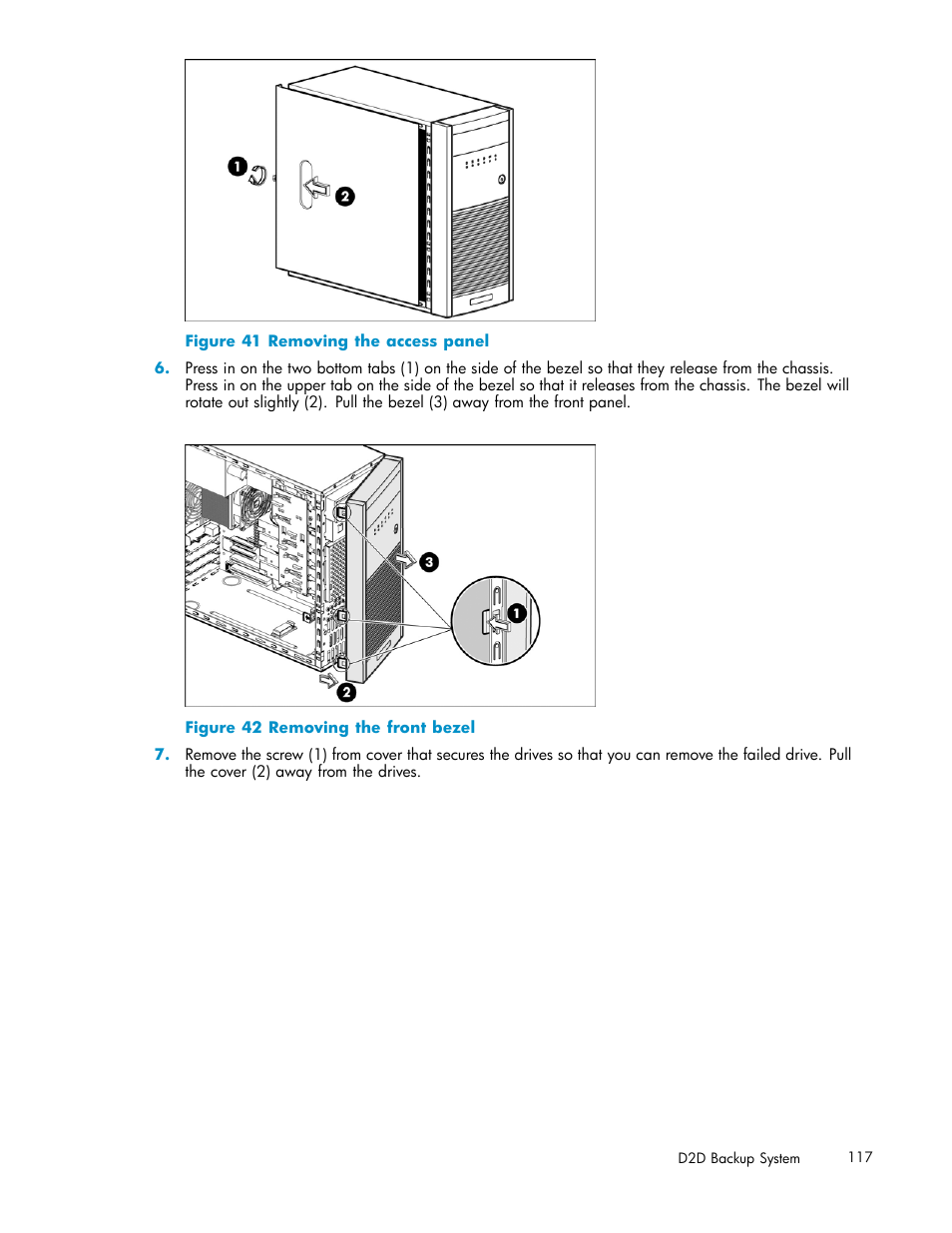 41 removing the access panel, 42 removing the front bezel | HP D2D100 Backup System User Manual | Page 117 / 126