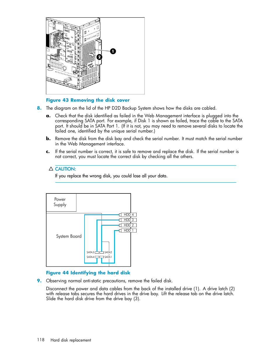 43 removing the disk cover, 44 identifying the hard disk | HP D2D100 Backup System User Manual | Page 118 / 126