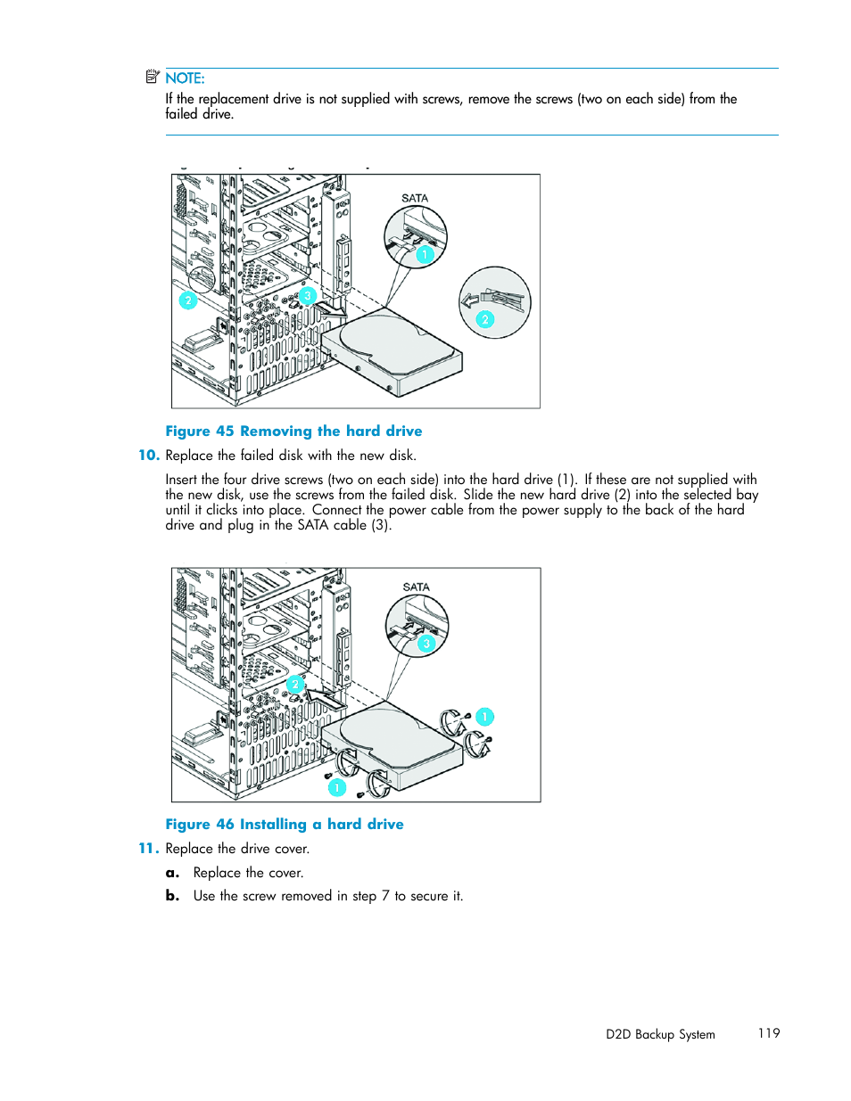 45 removing the hard drive, 119 46 installing a hard drive | HP D2D100 Backup System User Manual | Page 119 / 126