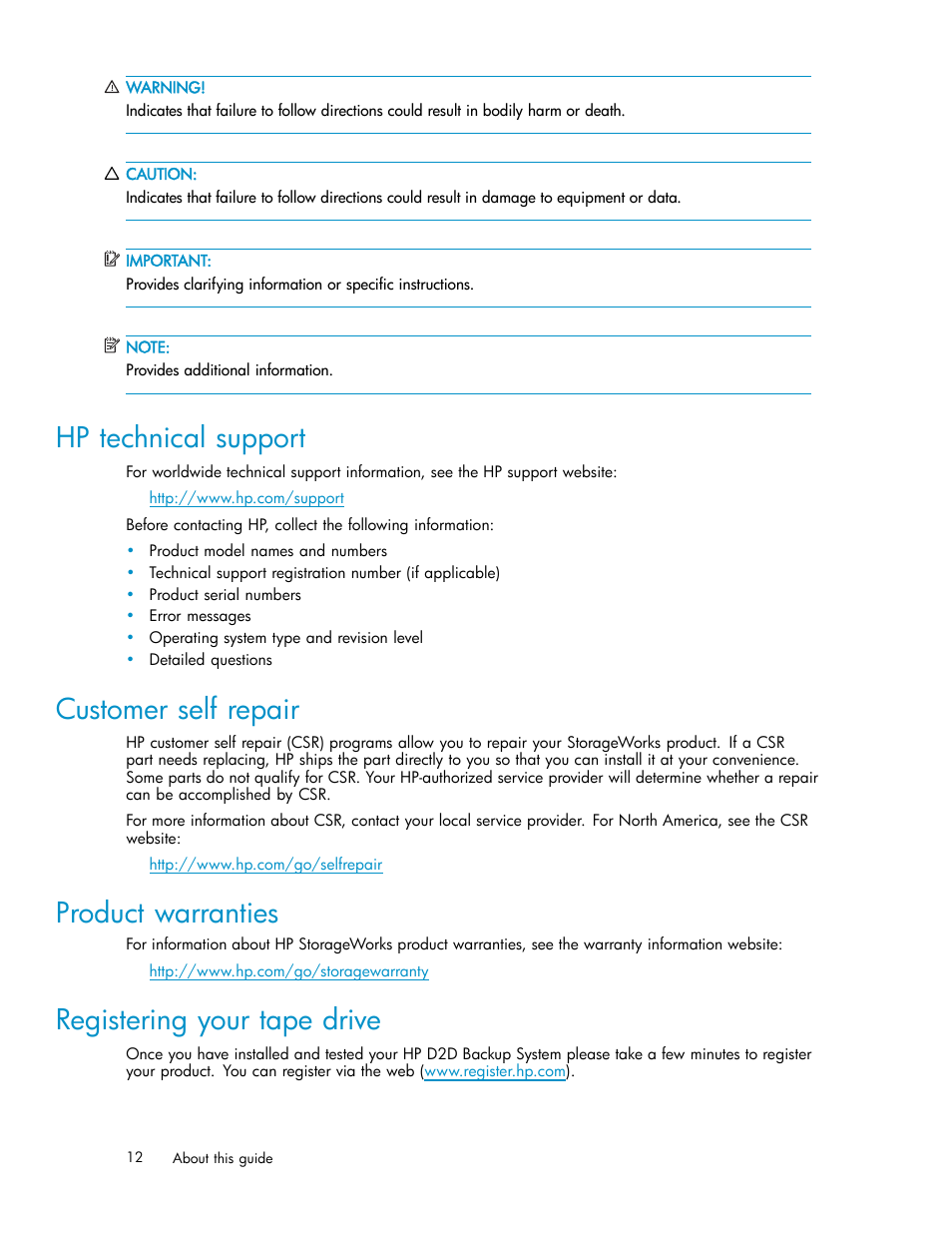 Hp technical support, Customer self repair, Product warranties | Registering your tape drive | HP D2D100 Backup System User Manual | Page 12 / 126