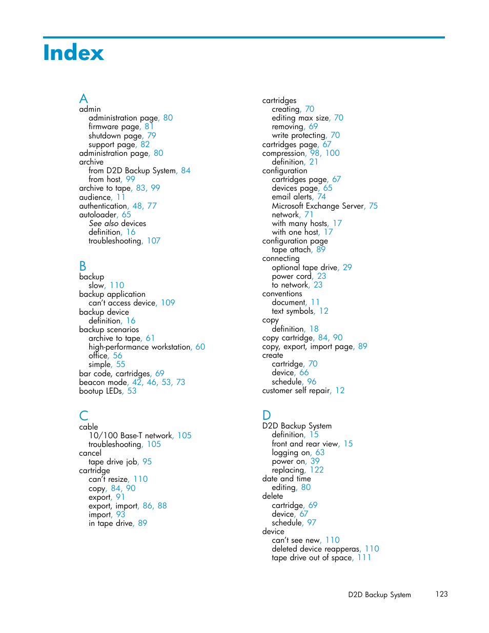 Index | HP D2D100 Backup System User Manual | Page 123 / 126