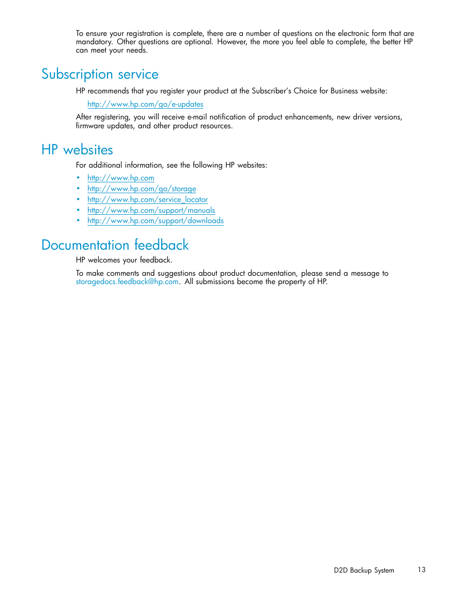 Subscription service, Hp websites, Documentation feedback | HP D2D100 Backup System User Manual | Page 13 / 126