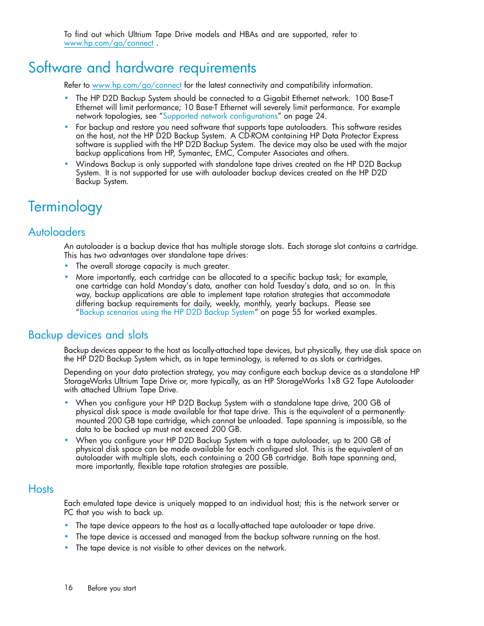 Software and hardware requirements, Terminology, Autoloaders | Backup devices and slots, Hosts | HP D2D100 Backup System User Manual | Page 16 / 126