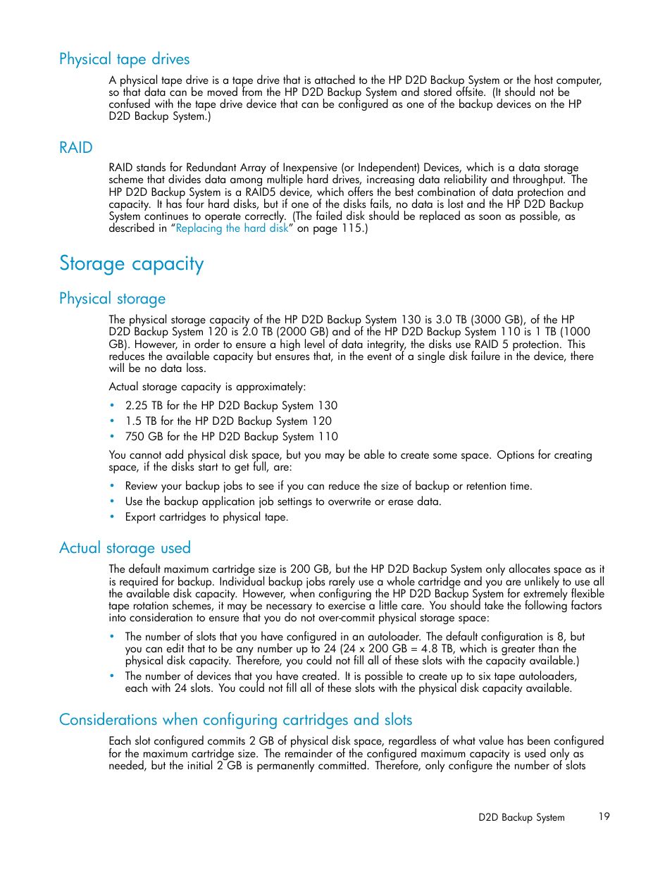 Physical tape drives, Raid, Storage capacity | Physical storage, Actual storage used | HP D2D100 Backup System User Manual | Page 19 / 126