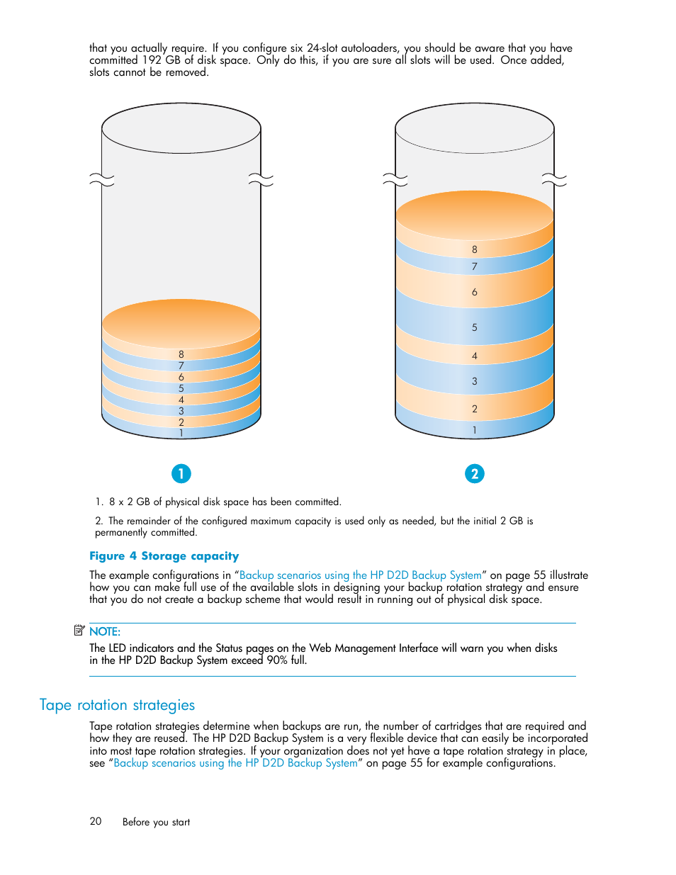 Tape rotation strategies, 4 storage capacity | HP D2D100 Backup System User Manual | Page 20 / 126