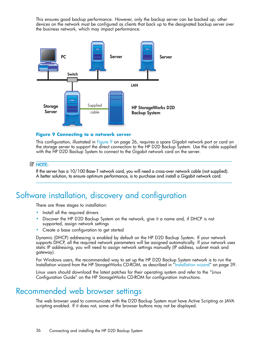 Software installation, discovery and configuration, Recommended web browser settings, 9 connecting to a network server | Web browser settings | HP D2D100 Backup System User Manual | Page 26 / 126