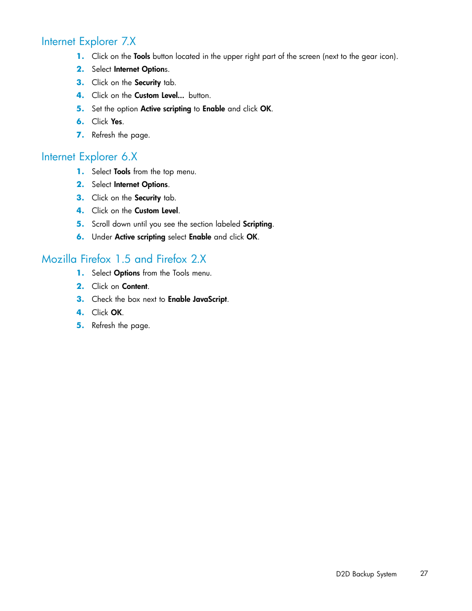 Internet explorer 7.x, Internet explorer 6.x, Mozilla firefox 1.5 and firefox 2.x | HP D2D100 Backup System User Manual | Page 27 / 126