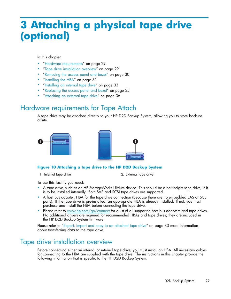 3 attaching a physical tape drive(optional), Hardware requirements for tape attach, Tape drive installation overview | 3 attaching a physical tape drive (optional), Attaching a physical tape drive | HP D2D100 Backup System User Manual | Page 29 / 126