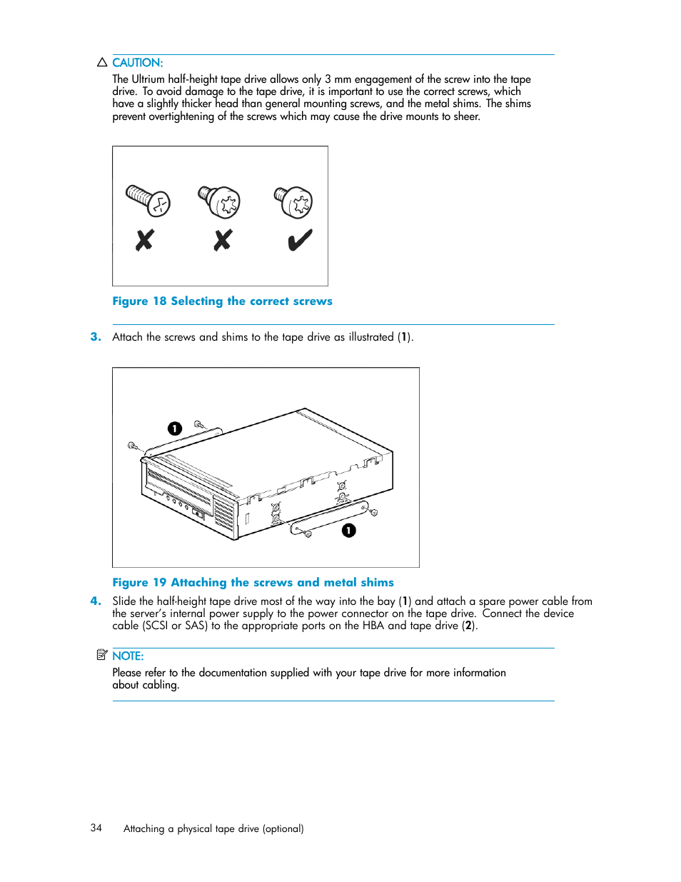 18 selecting the correct screws, 19 attaching the screws and metal shims | HP D2D100 Backup System User Manual | Page 34 / 126
