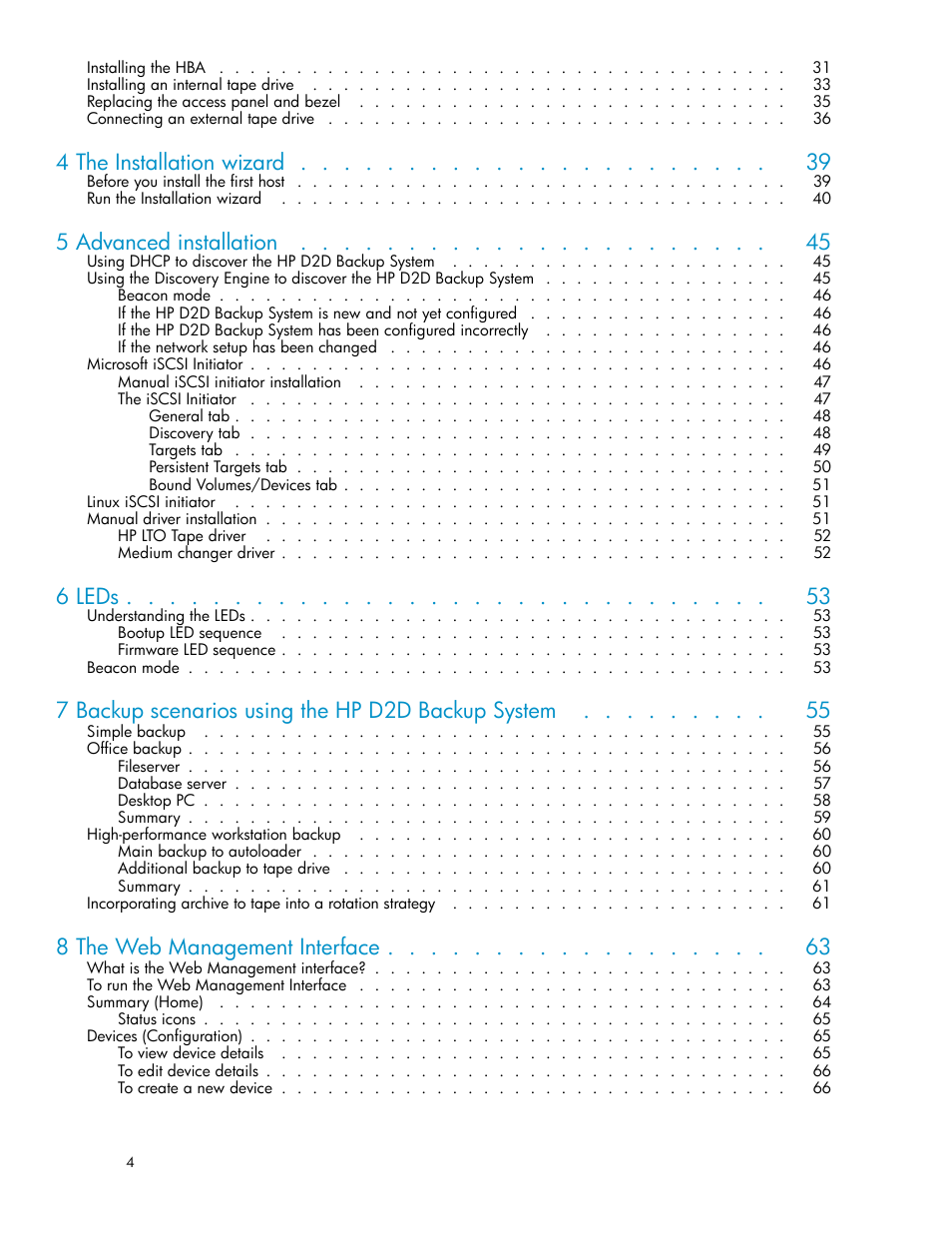 4 the installation wizard, 5 advanced installation, 6 leds | 7 backup scenarios using the hp d2d backup system, 8 the web management interface | HP D2D100 Backup System User Manual | Page 4 / 126