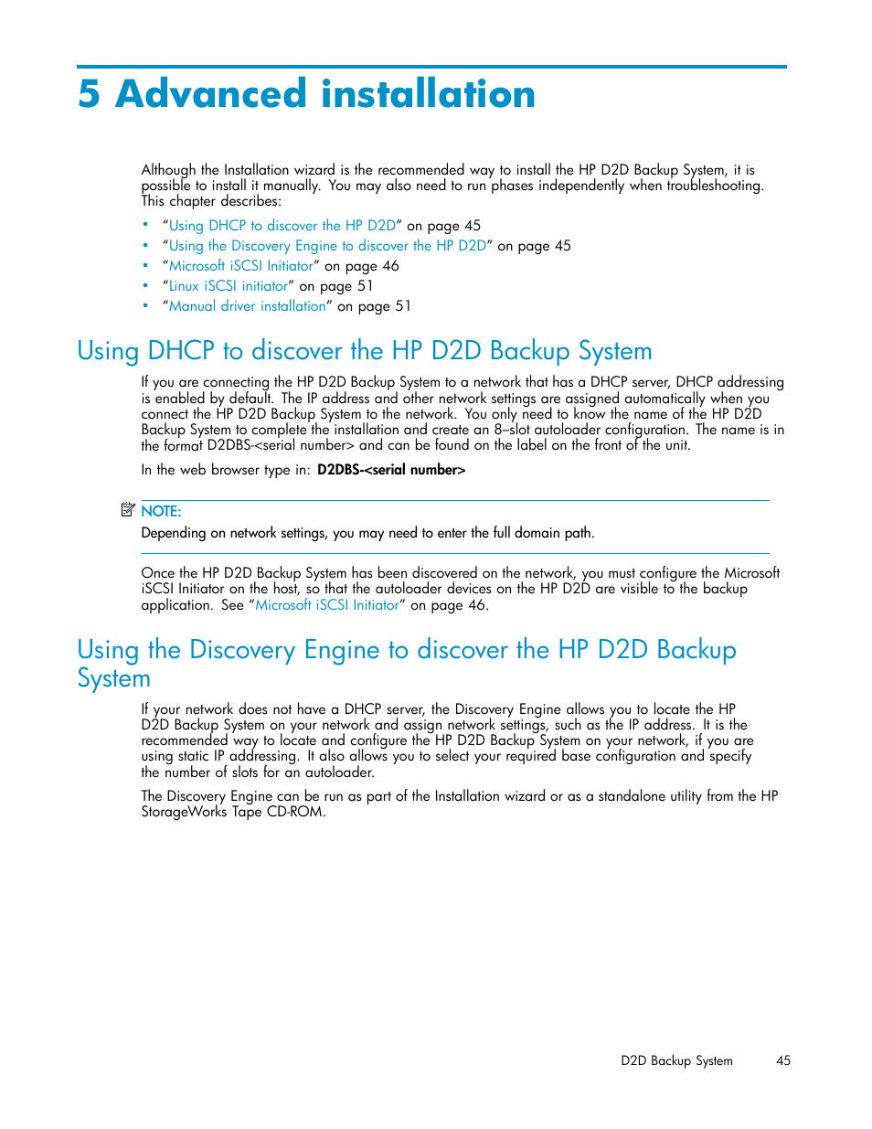 5 advanced installation, Using dhcp to discover the hp d2d backup system, Advanced installation | HP D2D100 Backup System User Manual | Page 45 / 126