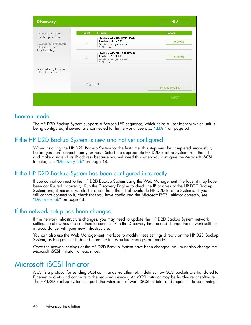 Beacon mode, If the network setup has been changed, Microsoft iscsi initiator | HP D2D100 Backup System User Manual | Page 46 / 126