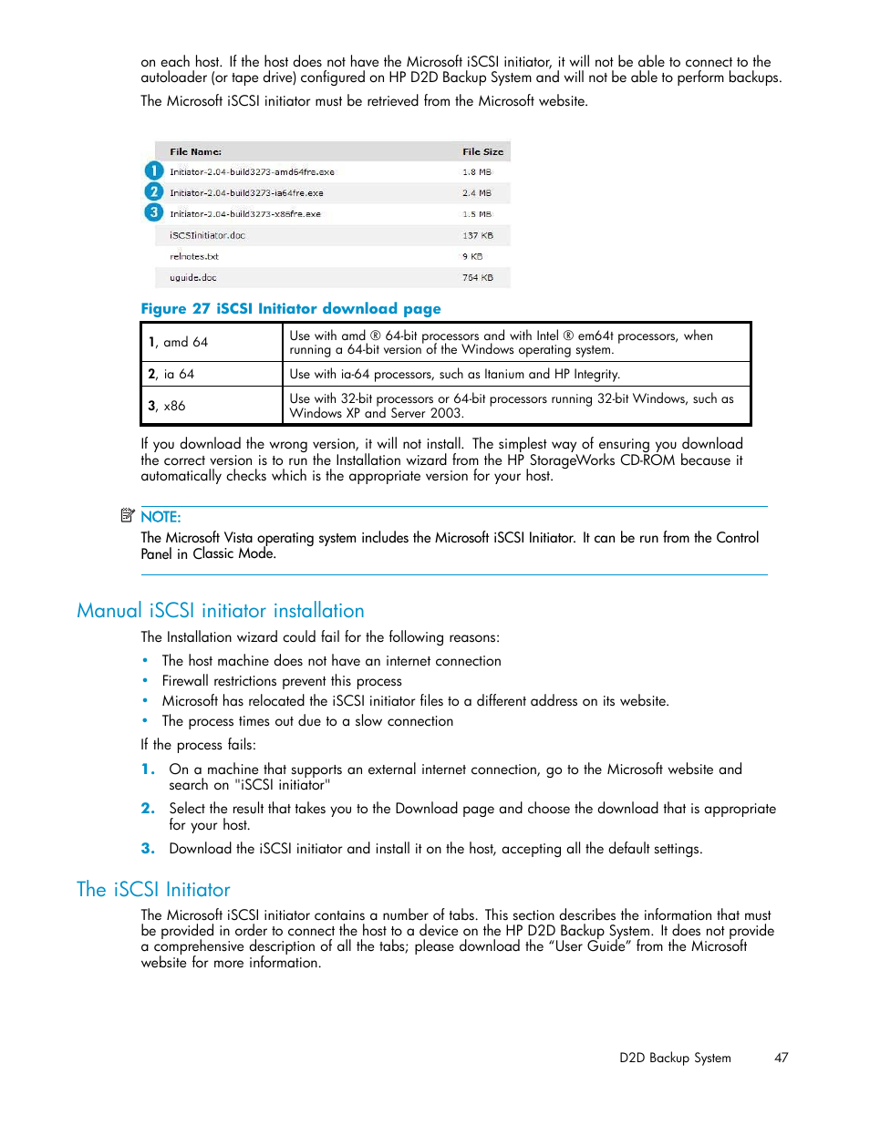 Manual iscsi initiator installation, The iscsi initiator | HP D2D100 Backup System User Manual | Page 47 / 126