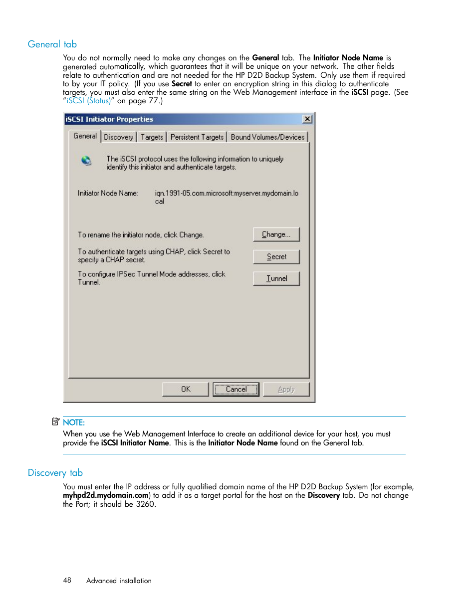 General tab, Discovery tab | HP D2D100 Backup System User Manual | Page 48 / 126