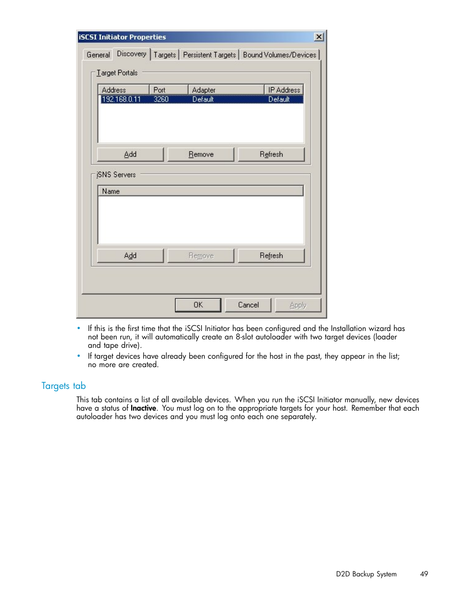 Targets tab | HP D2D100 Backup System User Manual | Page 49 / 126