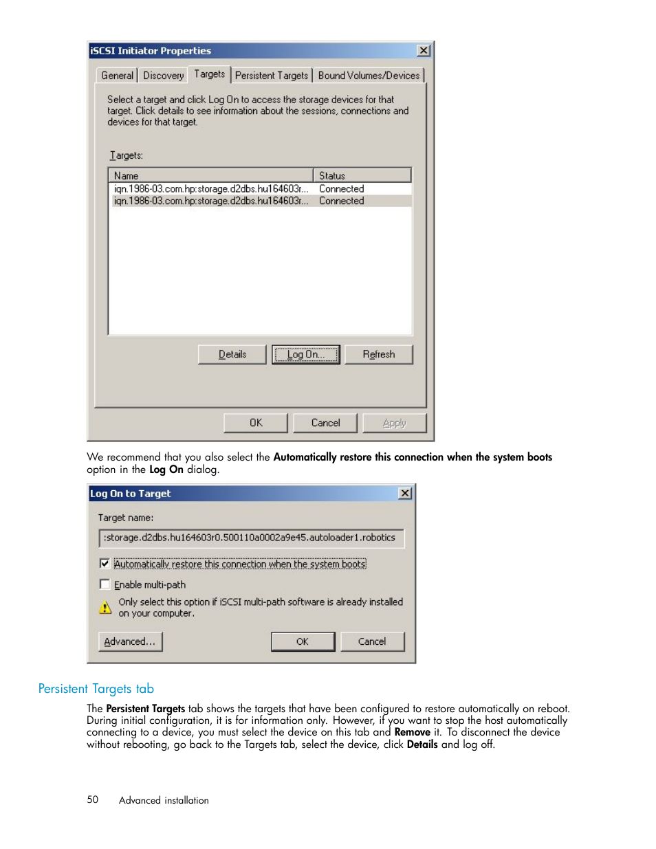 Persistent targets tab | HP D2D100 Backup System User Manual | Page 50 / 126