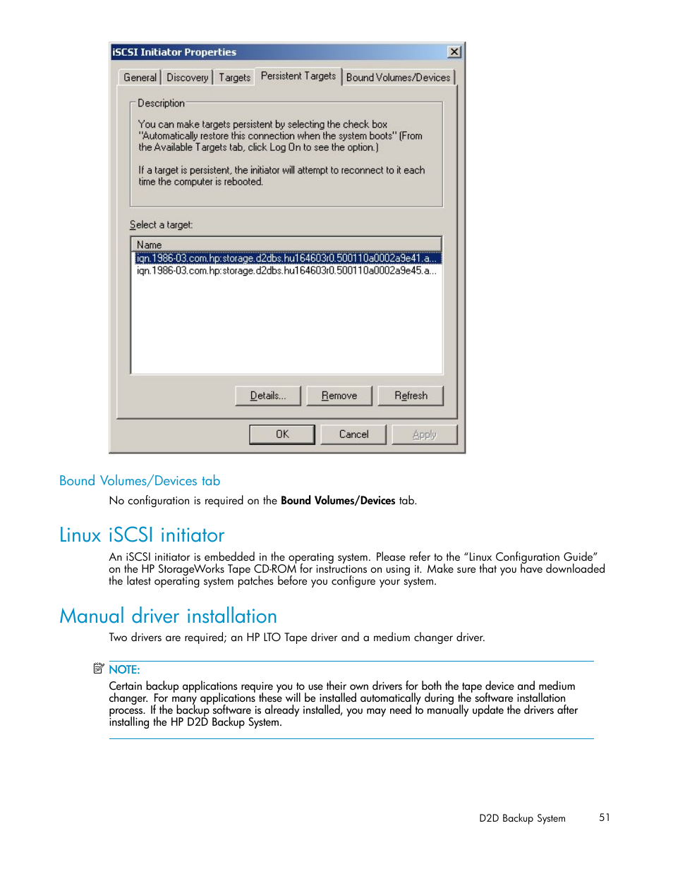 Bound volumes/devices tab, Linux iscsi initiator, Manual driver installation | HP D2D100 Backup System User Manual | Page 51 / 126