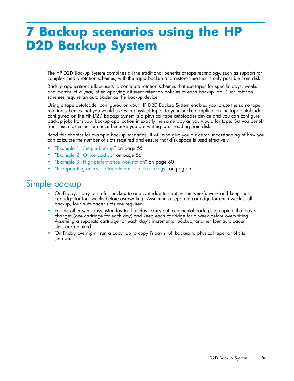 7 backup scenarios using the hpd2d backup system, Simple backup, 7 backup scenarios using the hp d2d backup system | Backup scenarios using the hp d2d backup system | HP D2D100 Backup System User Manual | Page 55 / 126