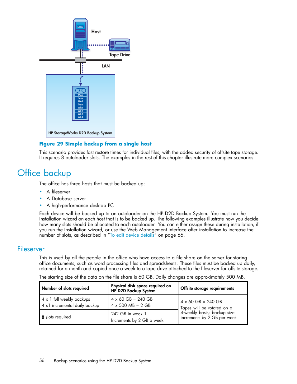 Office backup, Fileserver, 29 simple backup from a single host | Example 2: office backup | HP D2D100 Backup System User Manual | Page 56 / 126