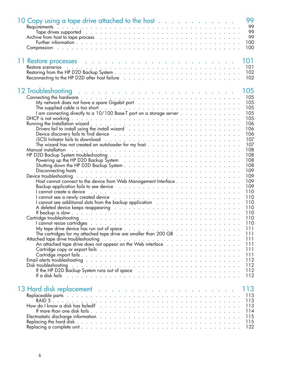 10 copy using a tape drive attached to the host, 11 restore processes, 12 troubleshooting | 13 hard disk replacement | HP D2D100 Backup System User Manual | Page 6 / 126