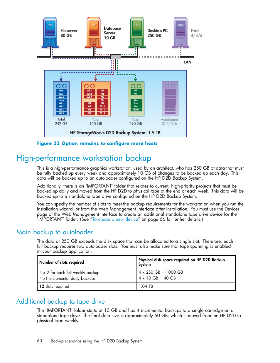 High-performance workstation backup, Additional backup to tape drive, Main backup to autoloader | 33 option remains to configure more hosts, Example 3: high-performance workstation | HP D2D100 Backup System User Manual | Page 60 / 126