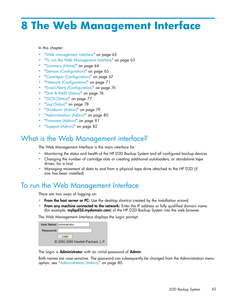 8 the web management interface, What is the web management interface, To run the web management interface | HP D2D100 Backup System User Manual | Page 63 / 126