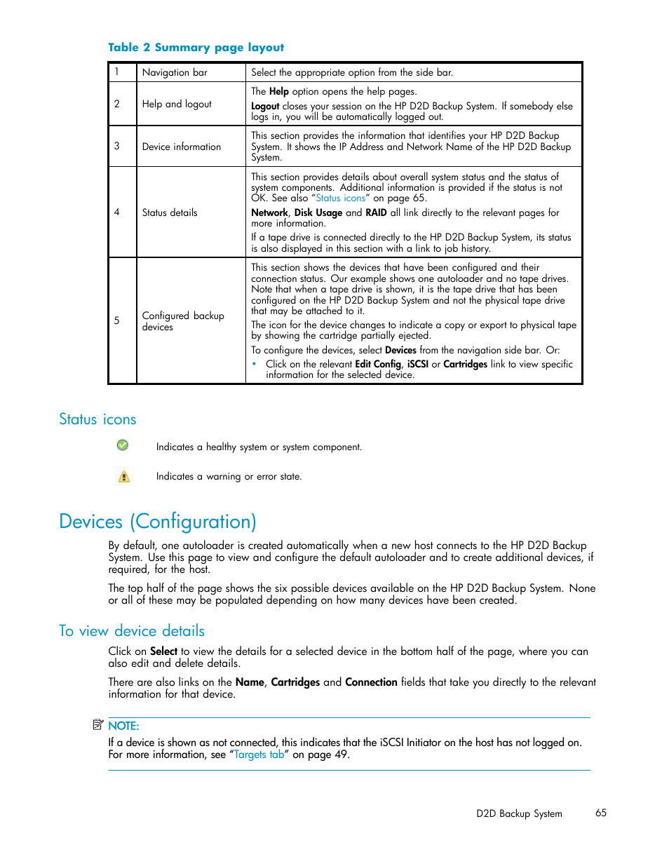 Status icons, Devices (configuration), To view device details | HP D2D100 Backup System User Manual | Page 65 / 126