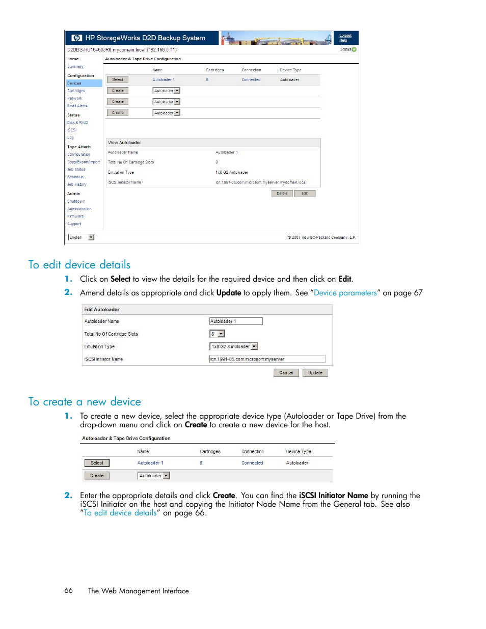 To edit device details, To create a new device | HP D2D100 Backup System User Manual | Page 66 / 126